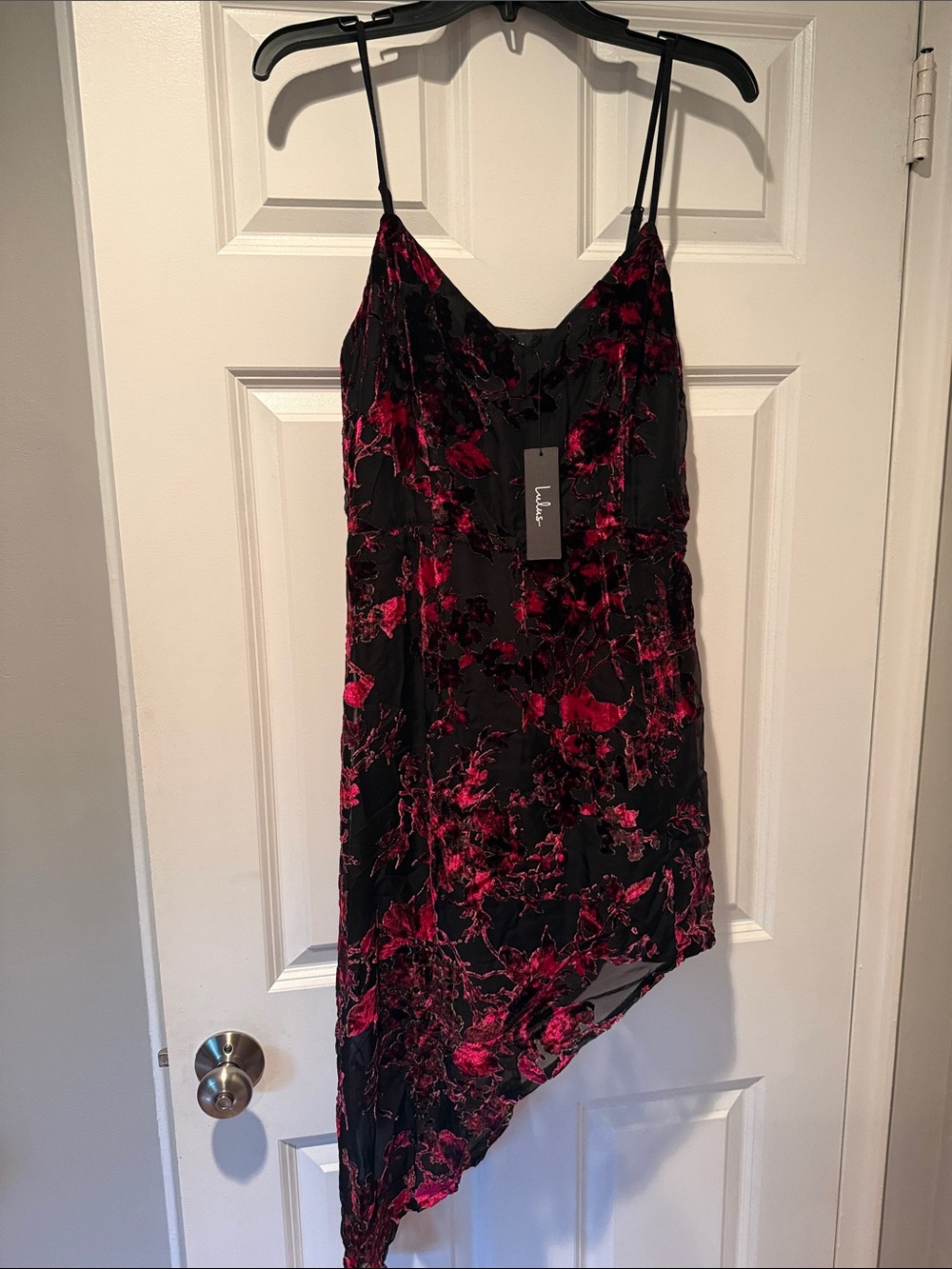 Lulu's Black Slip Dress with Fuchsia Floral Burnout and Asymmetrical Hem